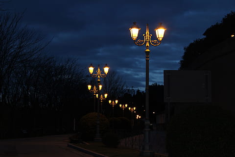 light, illuminated, lantern, dark, street lights, city, sky HD wallpaper