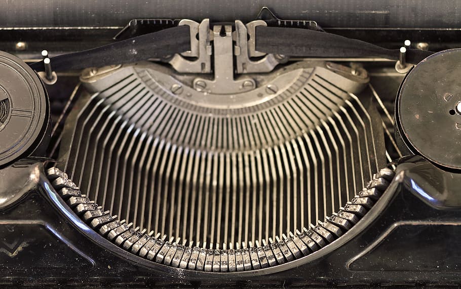 black and gray typewriter with ribbon, vintage, old, nostalgia