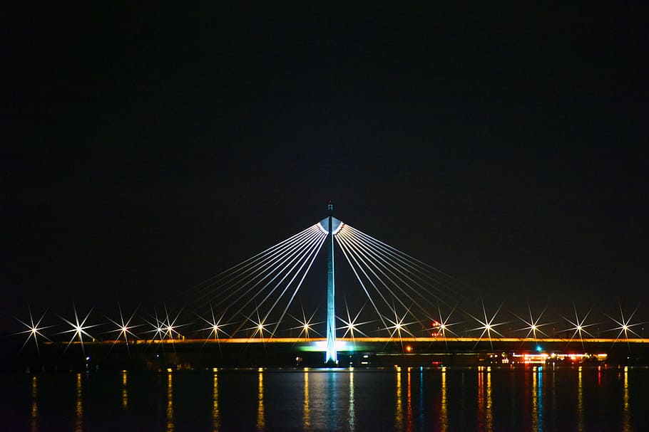 view of city lights during night, bridge, danube, vienna, austria HD wallpaper