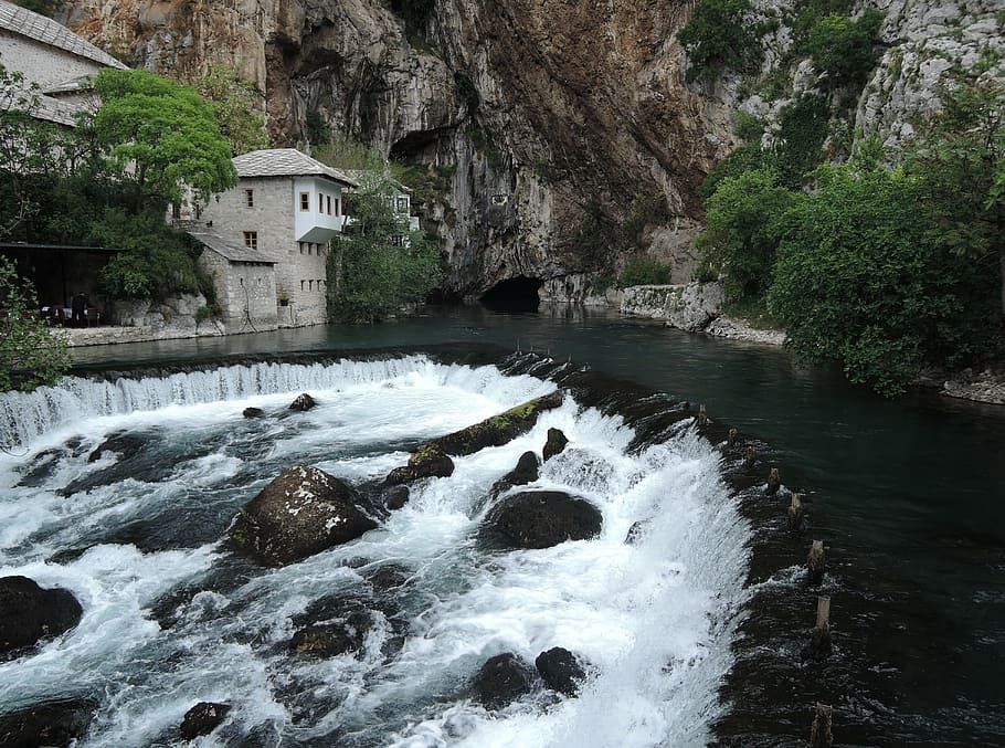 waterfall, house, river, landscape, nature, travel, mountain HD wallpaper