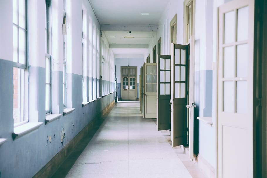 white and brown hallway, housing, gate, light blue, corridor HD wallpaper