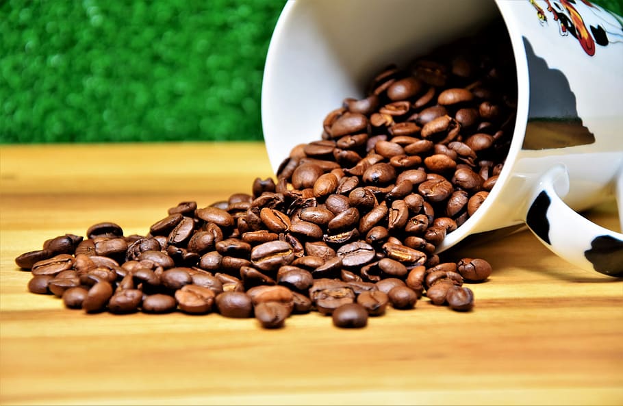 coffee bean lot, coffee coffee beans, cup, coffee cup, roasted, HD wallpaper