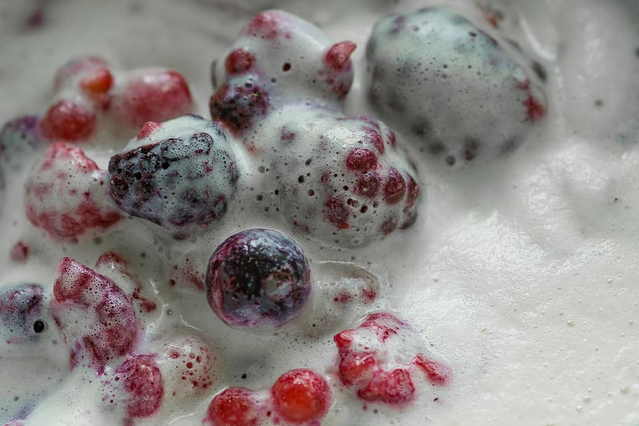 fruit salad, raspberry, cherry, cream, blueberry, food, sweets HD wallpaper
