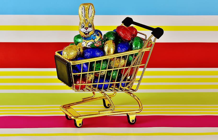 Shopping Cart, Chocolate Eggs, Easter, happy easter, easter bunny HD wallpaper