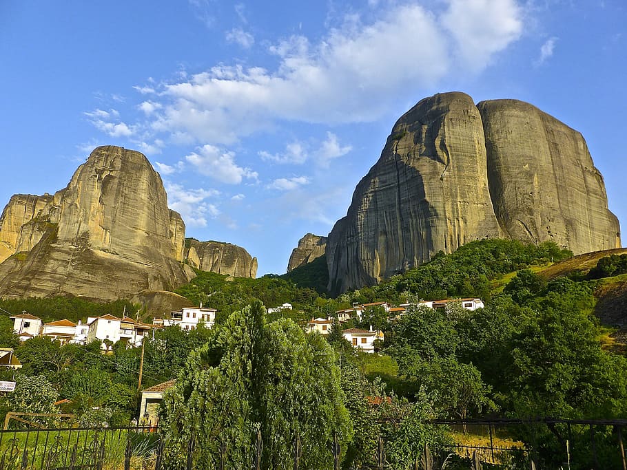 landmark, meteora, greece, mountain, scenery, scenic, landscape HD wallpaper