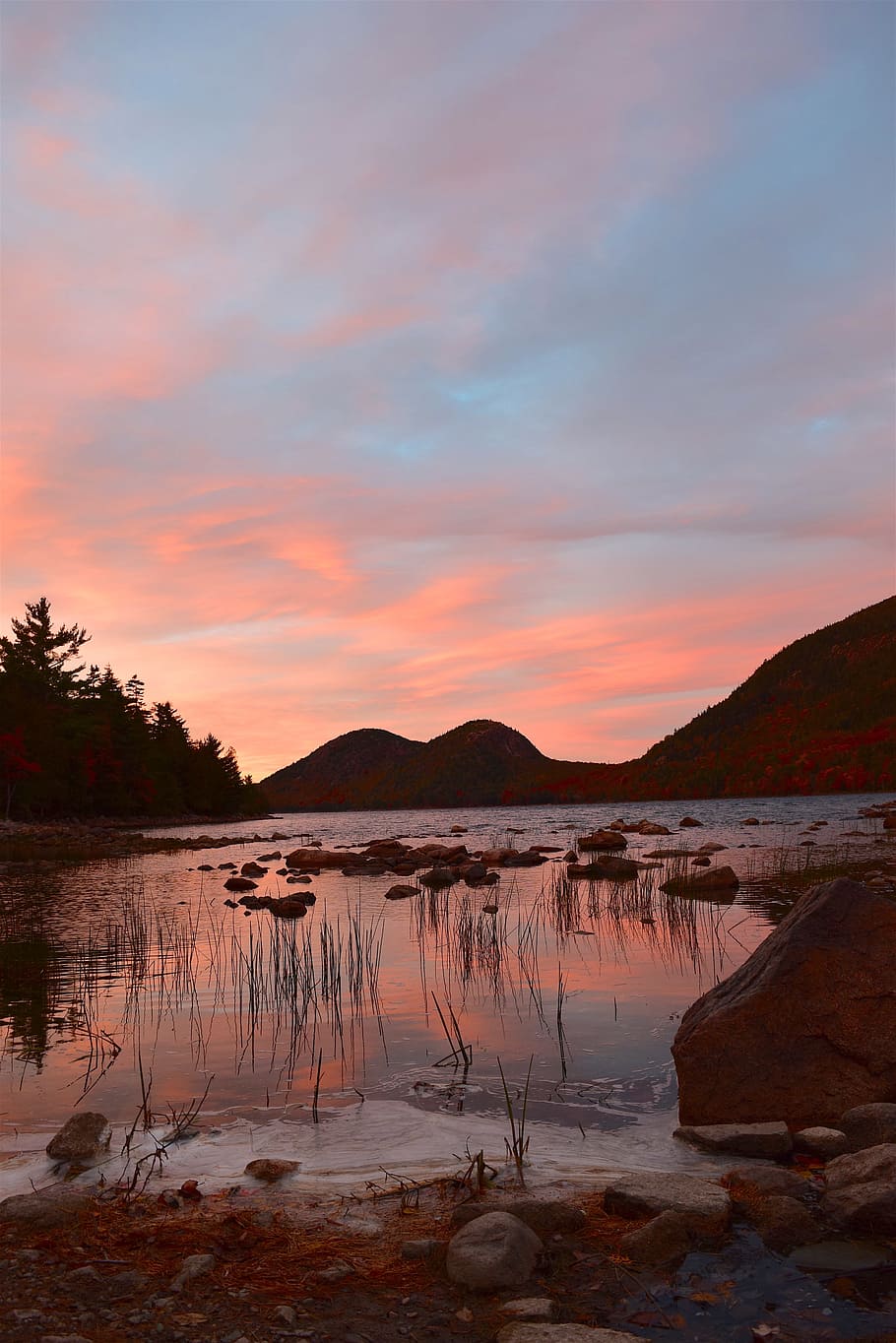 sunset, lake, sky, reflection, water, clouds, dusk, trees, mountain HD wallpaper