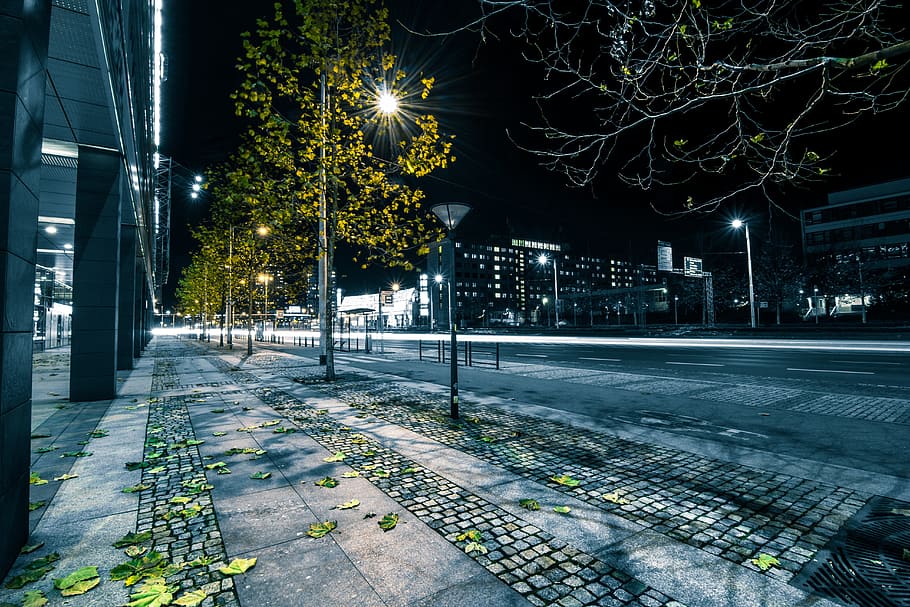 turned-on post light, streets, roads, lamp posts, night, dark HD wallpaper
