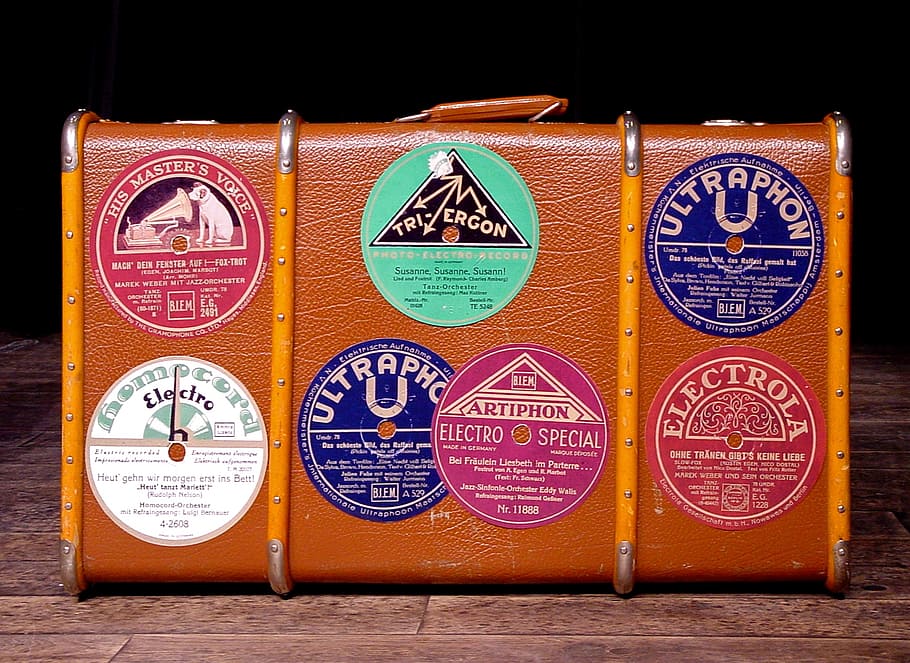 brown leather attache case, luggage, sticker, old suitcase HD wallpaper