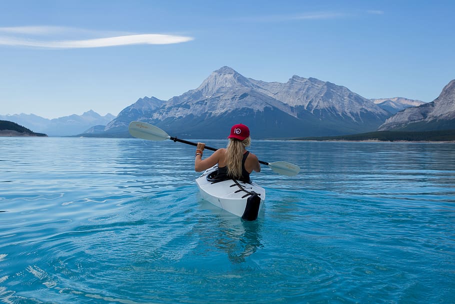 woman wearing red hat riding on white kayak facing mountain alps, woman kayaking, HD wallpaper