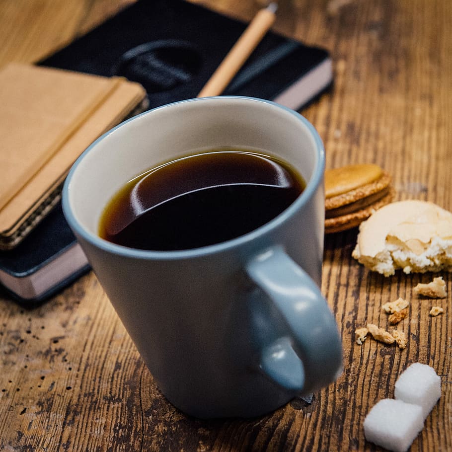 blue ceramic mug, coffee, cup, drink, wood - Material, coffee - Drink HD wallpaper