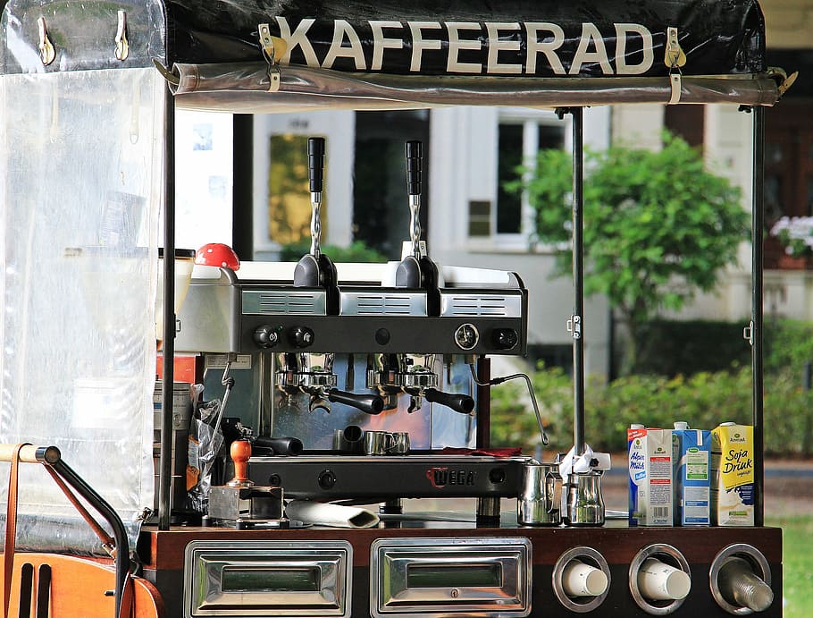 gray and black Kaffeerad coffee and espresso cart, coffee to go, HD wallpaper
