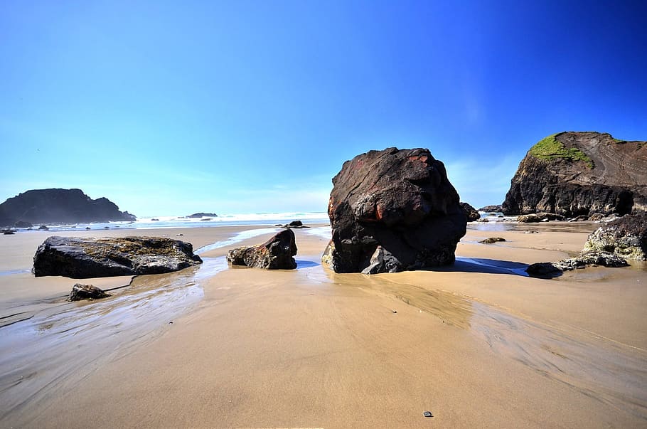 ocean, beach, rocks, sand, sea, summer, nature, blue, coast HD wallpaper