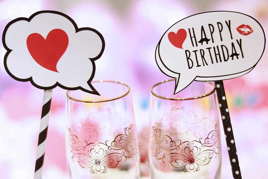 two clear glass cups with happy birthday message, love, heart Shape HD wallpaper