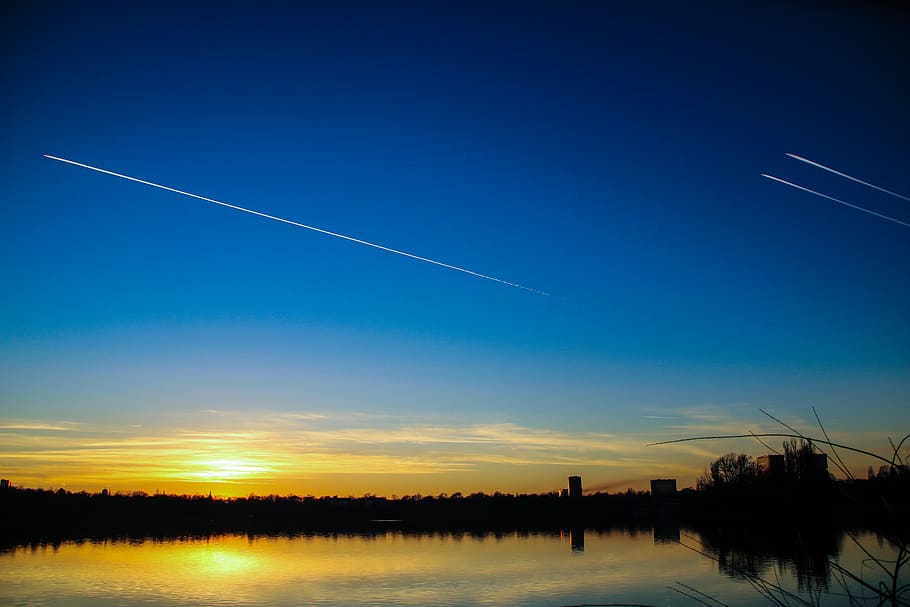 sunset, lake, planes, twilight, reflection, sky, landscape HD wallpaper