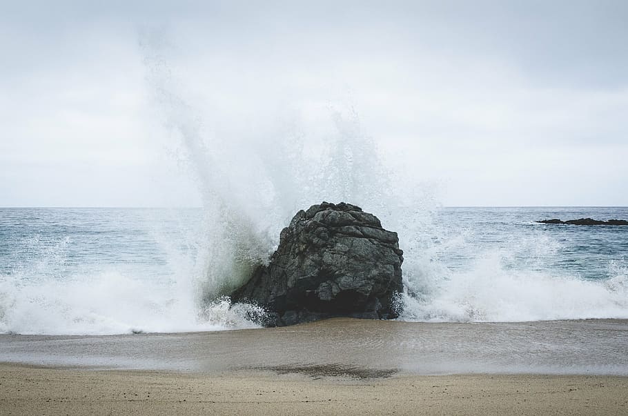 sea waves hitting gray rock, shore, crash, scene, tide, storm