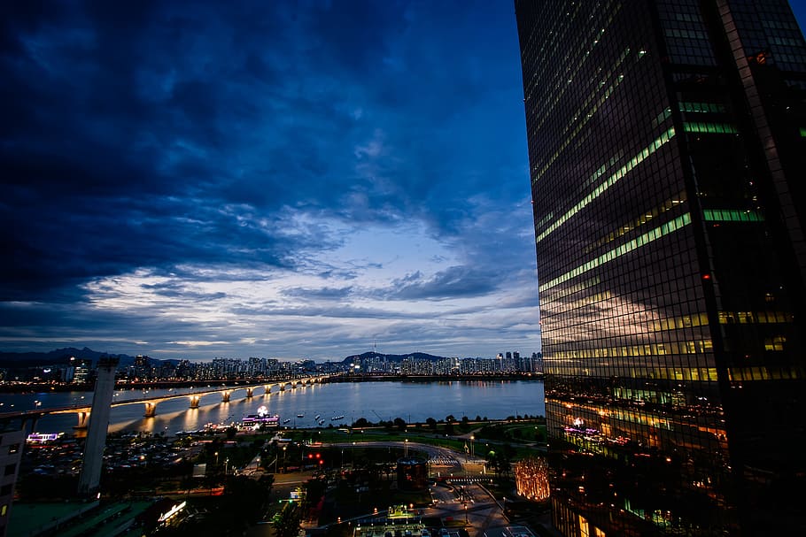 high angle photo of lighted city, seoul, yeoido, sky, cloud, korea