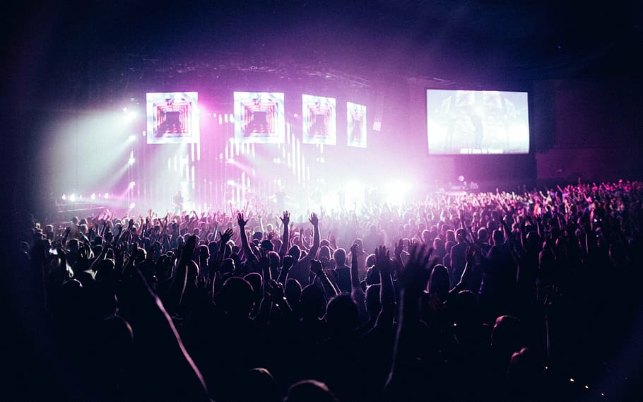 people in the stage, crowd, spotlight, concert, stadium, lights