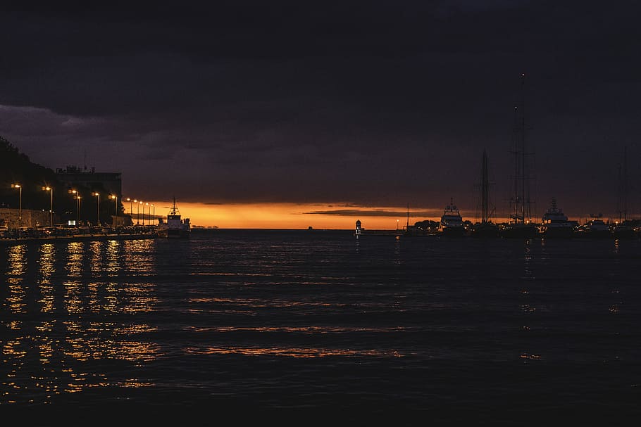 untitled, sunset, ocean, waves, lights, harbor, port, coast HD wallpaper