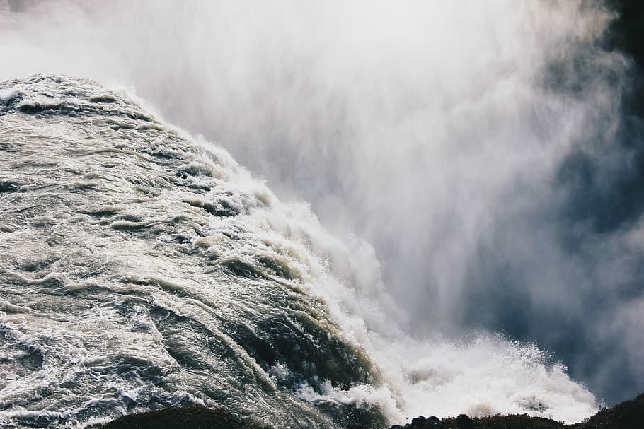 closeup photography of body of water, aerial photography of water falls HD wallpaper
