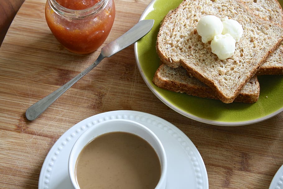 cup filled with coffee beside bread with jam, Breakfast, Butter HD wallpaper