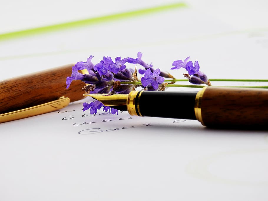 purple cluster flower beside brown fountain pen, filler, leave, HD wallpaper