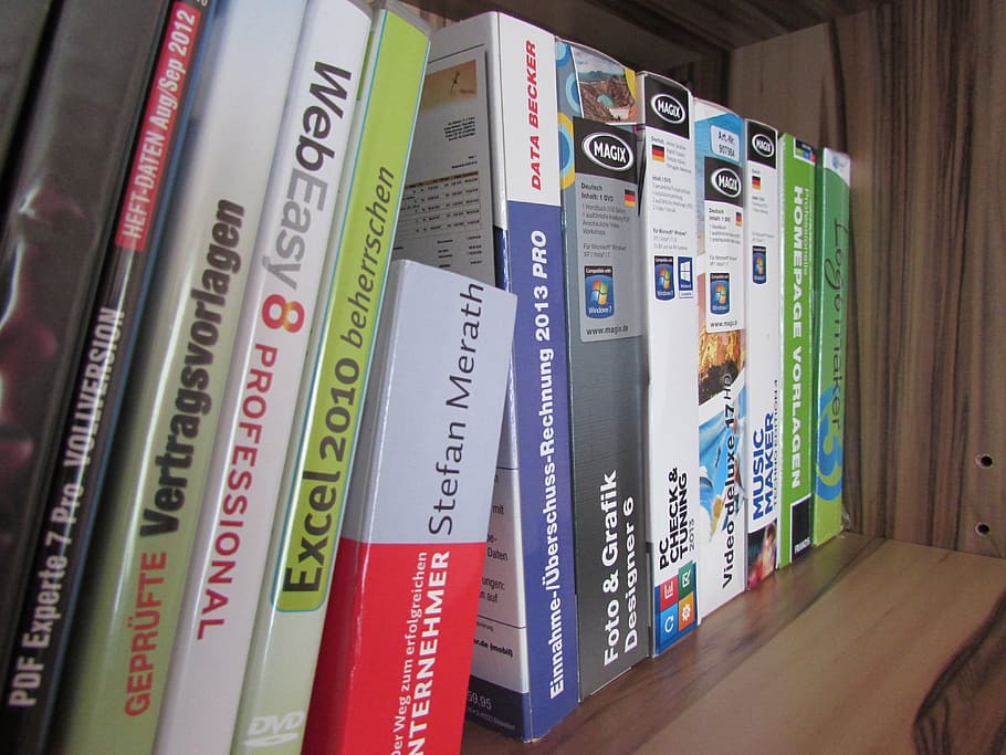 software, programs, shelf, cabinet, indoors, text, communication HD wallpaper