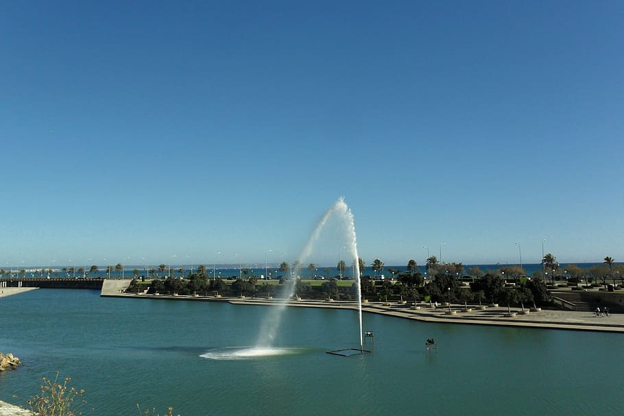 fountain, park, sea, view, palma, majorca, spain, summer, tourism HD wallpaper