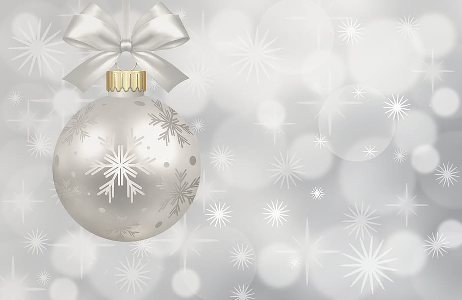 silver baoble with snowflakes print, christmas bauble, christmas ornaments, HD wallpaper
