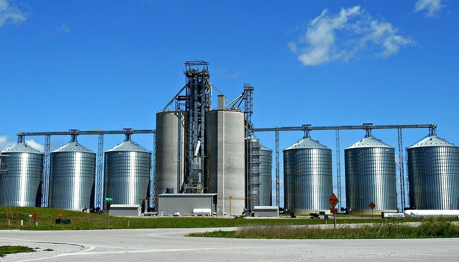 round metal storage tank, silos, grain, industry, sky, architecture