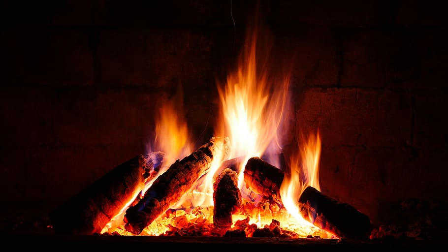 red firewood, fireplace, fire - Natural Phenomenon, flame, heat - Temperature, HD wallpaper