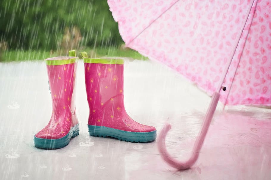photo of pink wellington boots beside umbrella, rain, wet, rain falling HD wallpaper