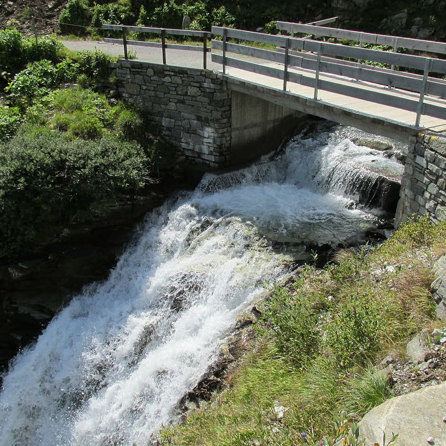 bridge, austria, waterfall, landscape, flow, summer, motion HD wallpaper