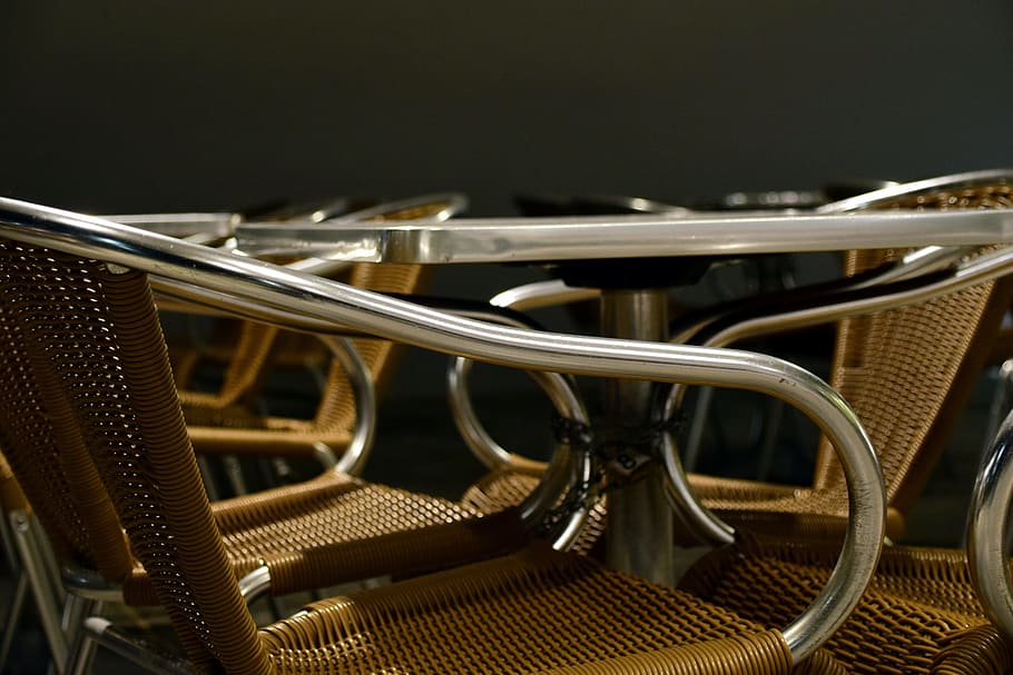chairs, dining tables, close, seat, cafe, break, empty, metal HD wallpaper