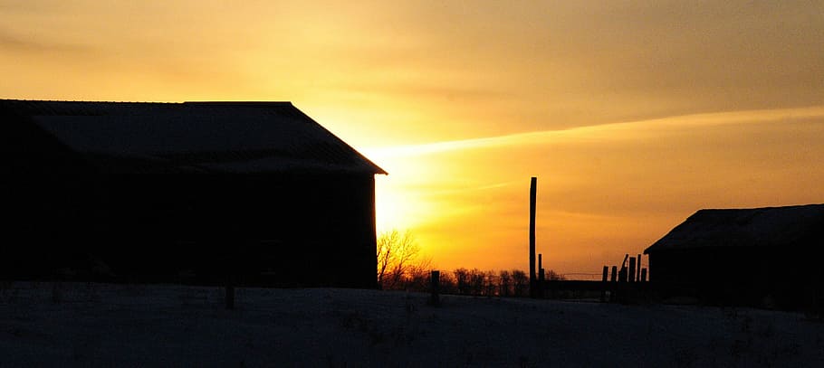Sunset, Farm, Barn, Dusk, built structure, sky, silhouette HD wallpaper