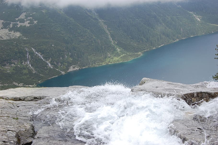top view, landscape, tatra, lake, water, waterfall, tatry, poland, HD wallpaper