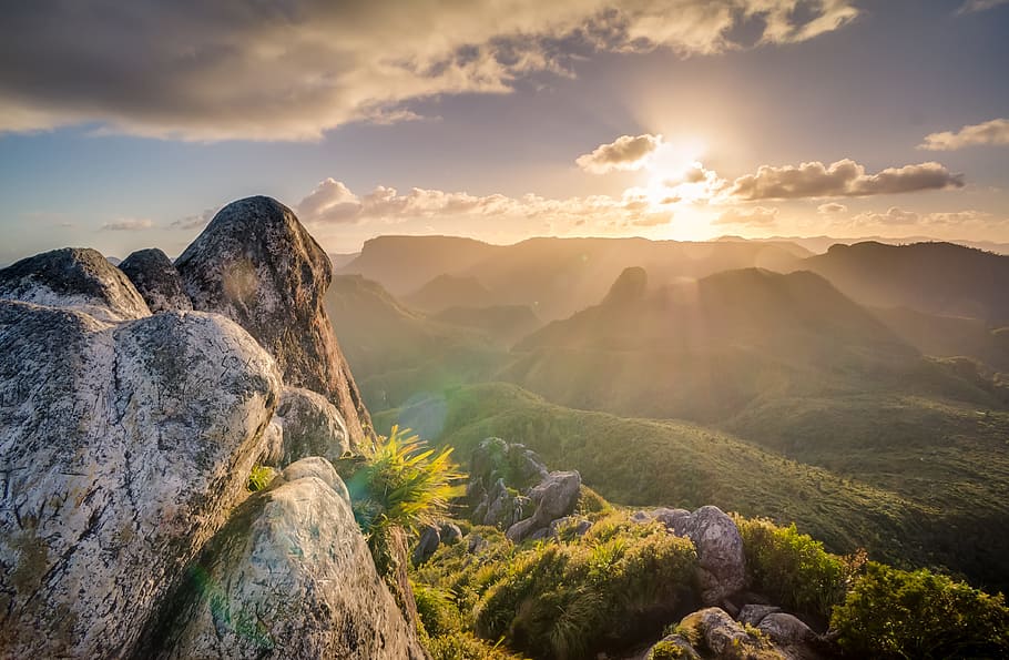 landscape photography of mountain with crepuscular rays, rocks HD wallpaper