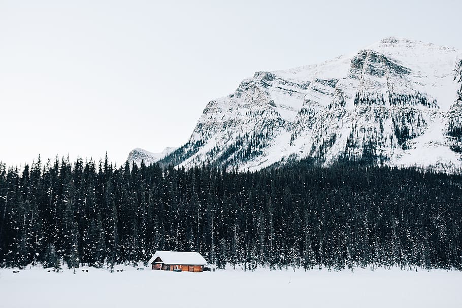 snow-covered cabin near forest, house near trees in front of mountain range HD wallpaper
