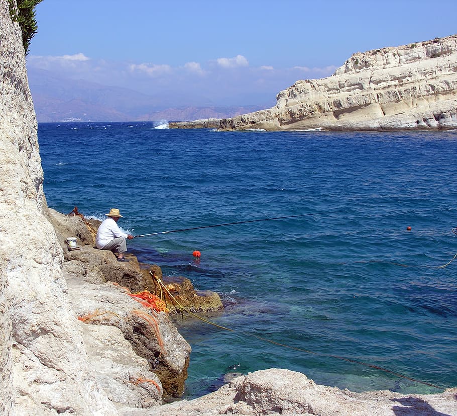 greece, matala, visser, sea, blue sky, mountains, water, fish, HD wallpaper