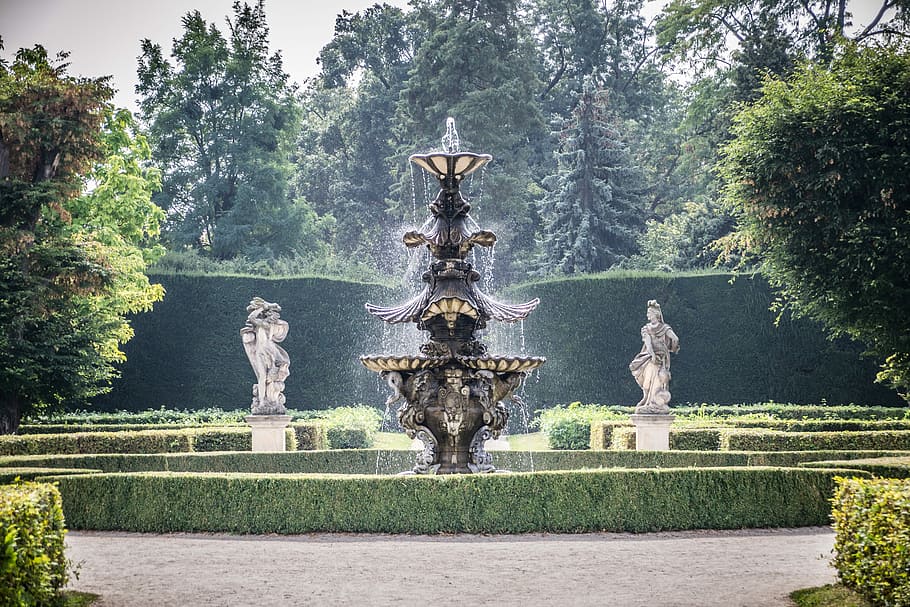 fountain, park, chateau lednice, tree, plant, sculpture, representation HD wallpaper