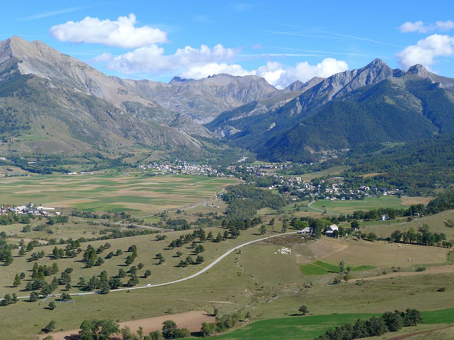 landscape, nature, mountain, valley, village, alps, hautes alpes, HD wallpaper