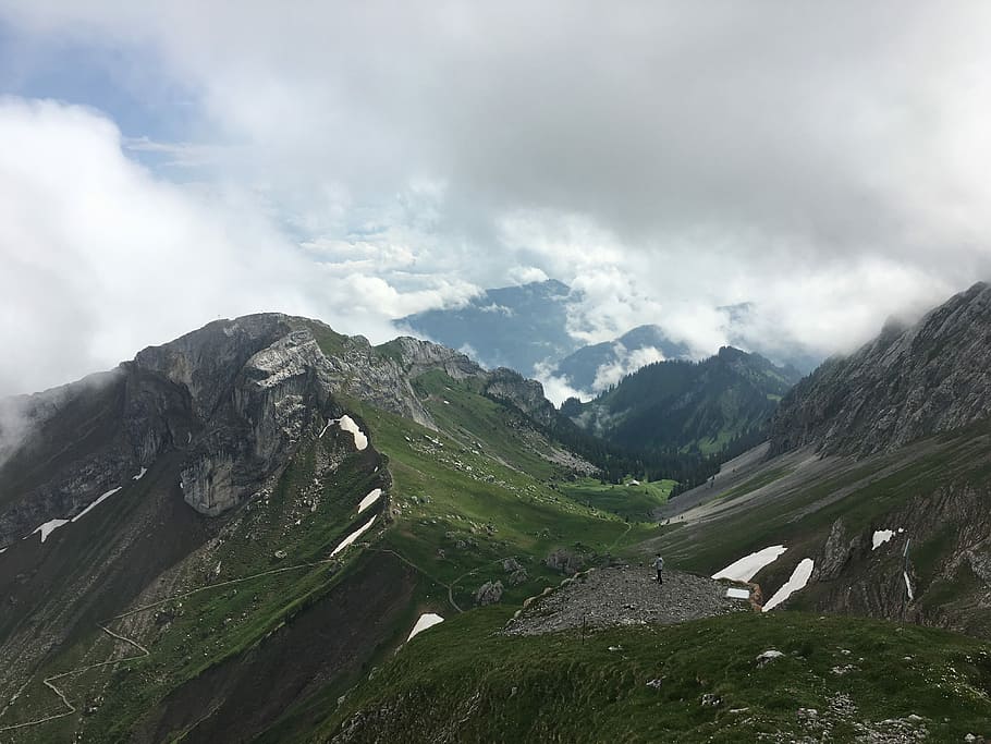gray and green mountain under white sky during daytime photography, green and brown mountains under gray sky during daytime HD wallpaper