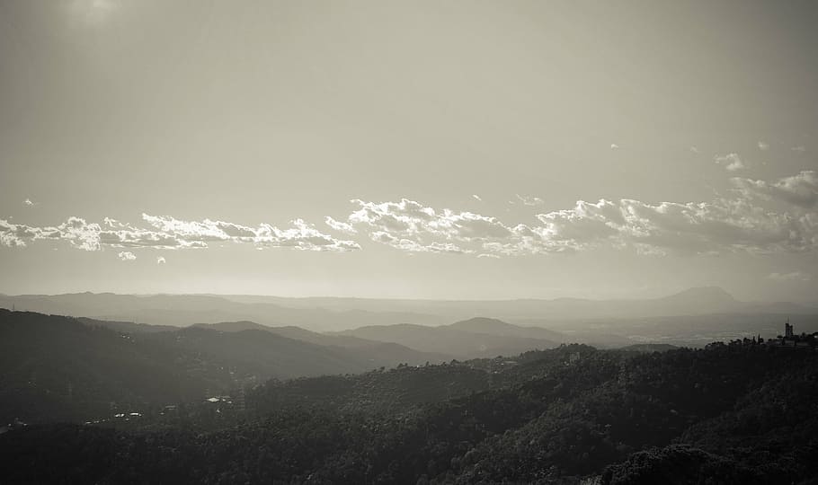 black-and-white, cloud, forest, hills, landscape, mountain HD wallpaper