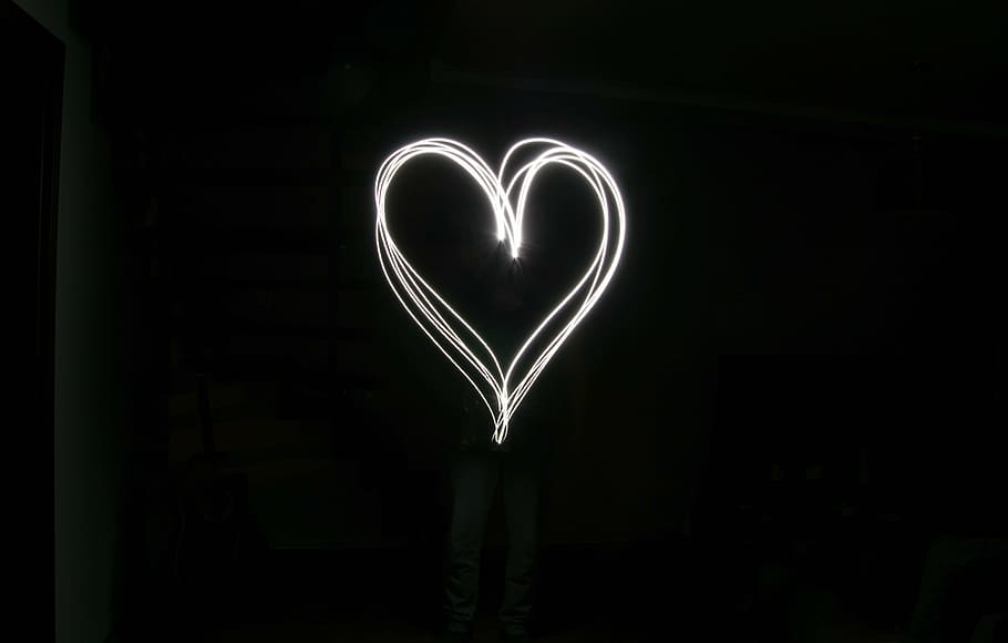 dark, heart, light streaks, long-exposure, shape, heart shape