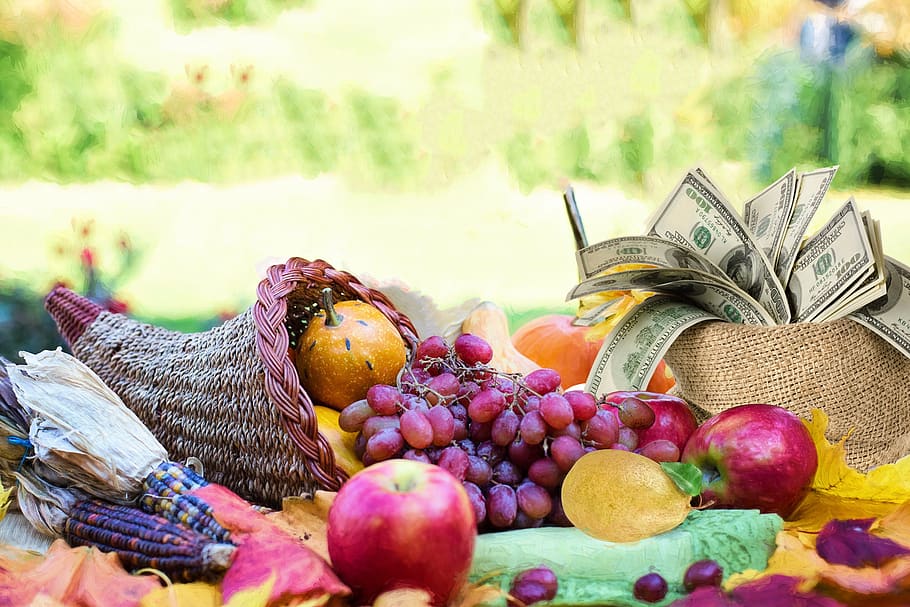 cornucopia, fruits, apple, grapes, food and drink, healthy eating HD wallpaper