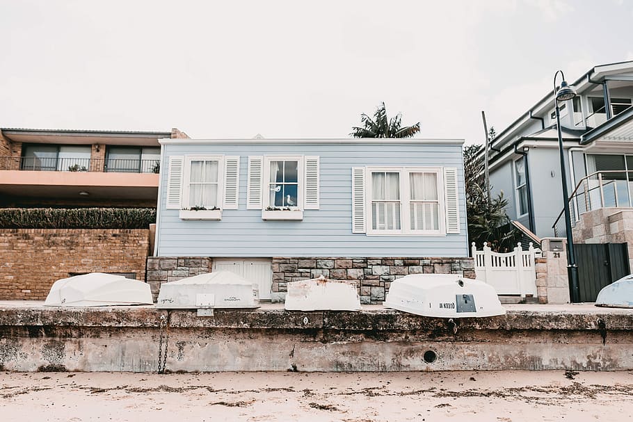 photography of blue concrete house, blue and white wooden house HD wallpaper