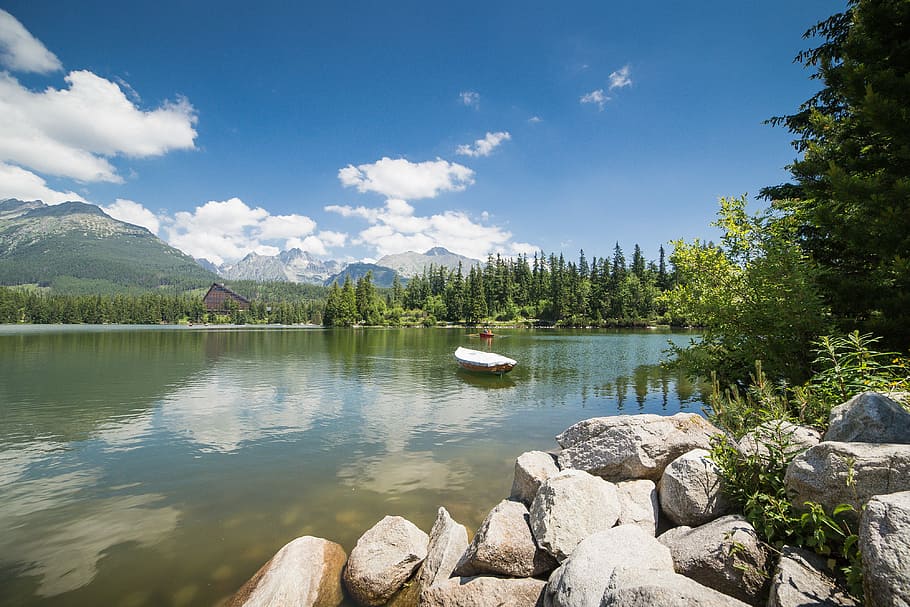 Lonely Boat on Lake, clouds, high tatras, mountains, panorama HD wallpaper