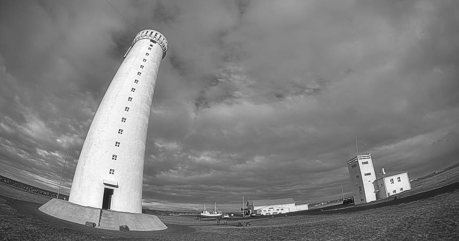 lighthouse, fisheye, tower, safety, nature, black, white, beacon HD wallpaper