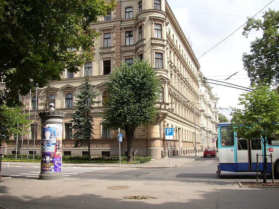 riga, latvia, street, scene, europe, tram, architecture, built structure HD wallpaper