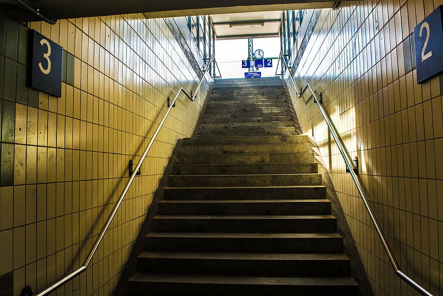 tunnel, stairs, railway station, light, yellow, track, gradually HD wallpaper