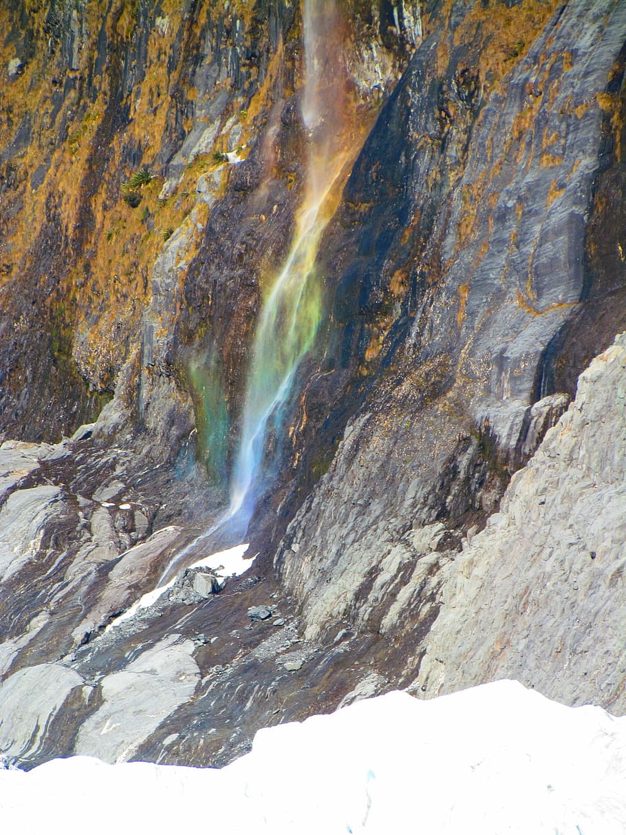 rainbow, waterfall, glacier, cliff, nature, cascade, wilderness HD wallpaper